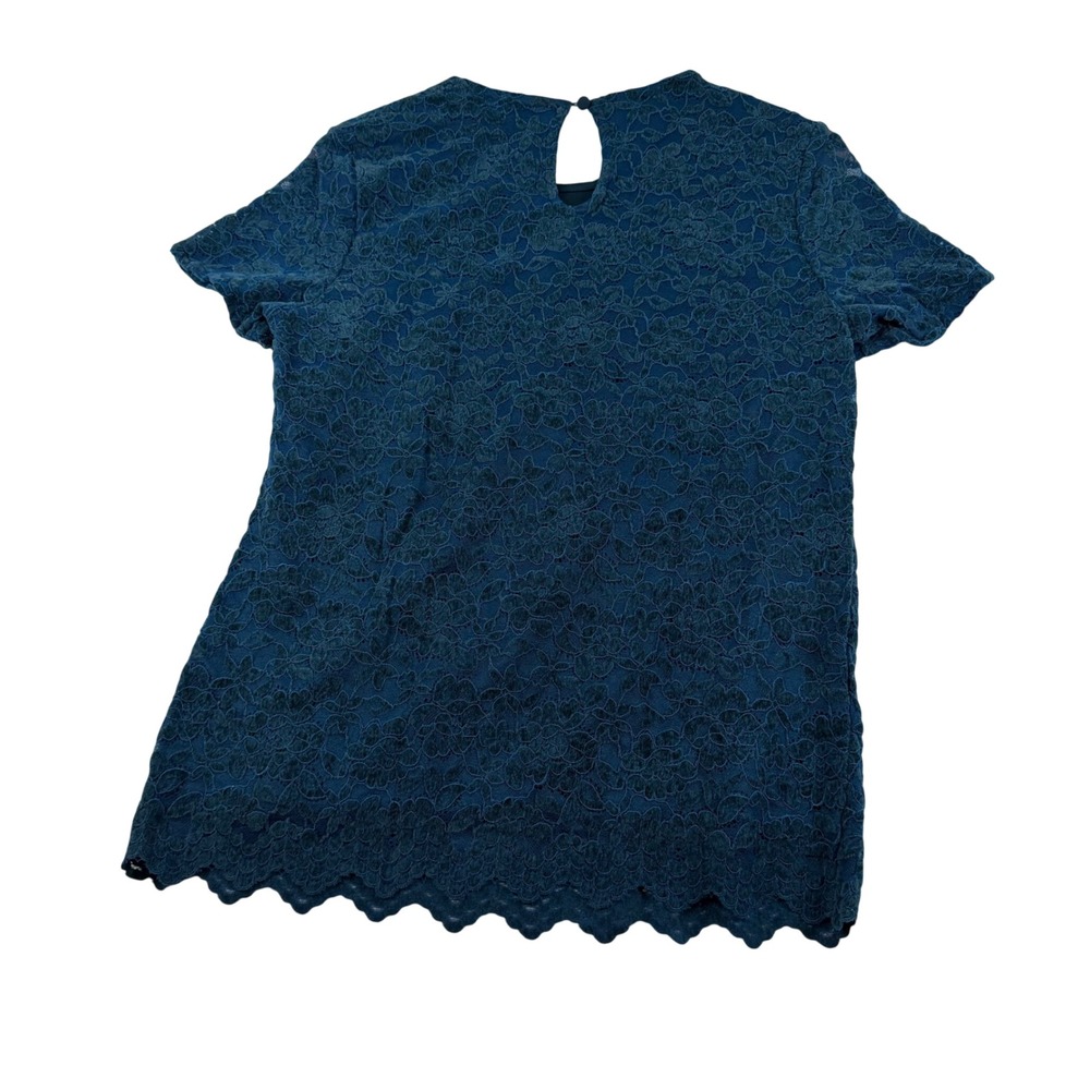 Teddi Rose Womens Floral Lace Short Sleeve Blouse Teal Scalloped Hem Small NEW